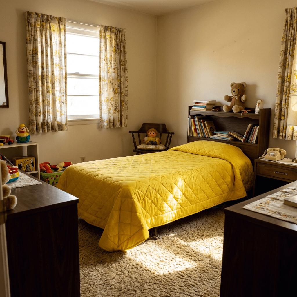 Child's bedroom with yellow quilted bedspread, wooden furniture, toys, and a rotary phone.