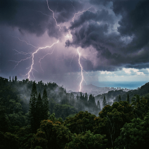 Multiple lightning bolts striking a forested mountain overlooking a distant coastal city and ocean.